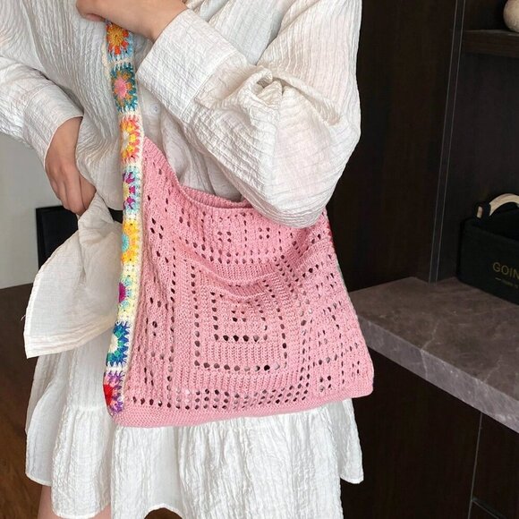 Pink Vacation Women's Hollow Knitted Contrast Color Flower Crossbody Bag - Picture 2 of 7